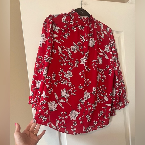 Adrienne Vittadini Rich Red Floral Chiffon Semi Sheer Long Sleeve Blouse SZ S - Picture 2 of 16